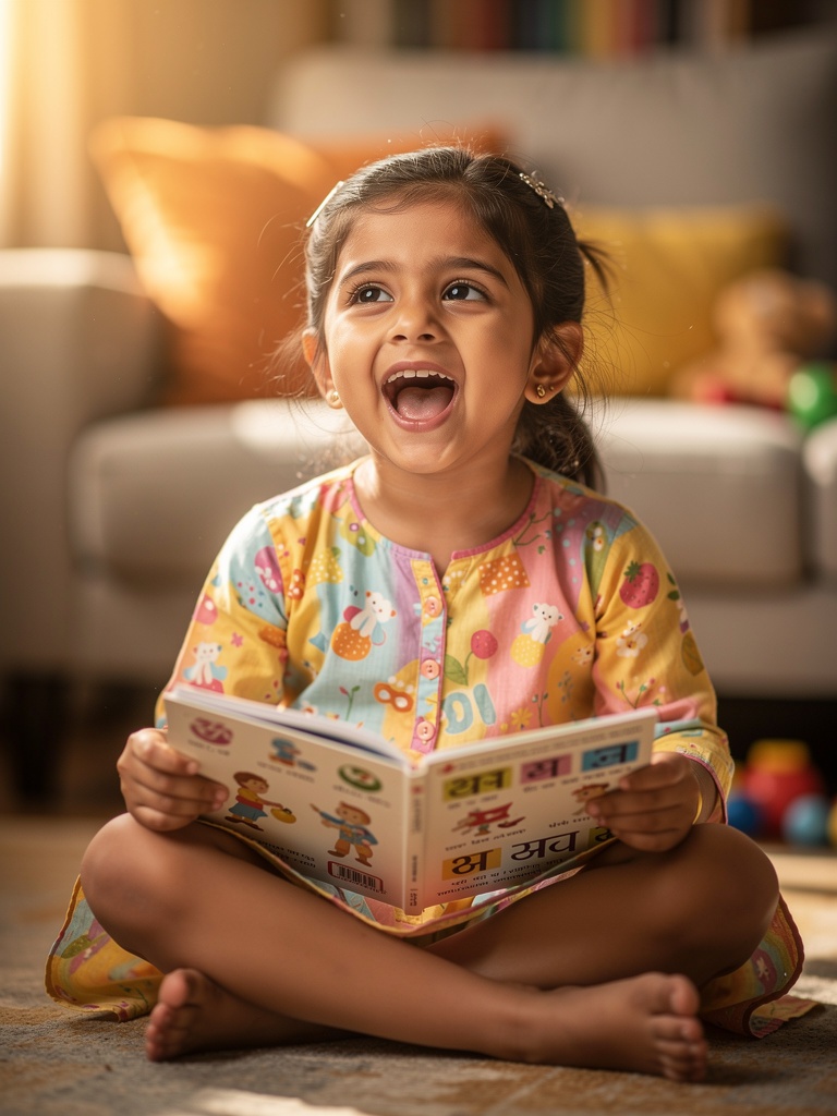 Joyful Indian child singing Hindi nursery rhymes